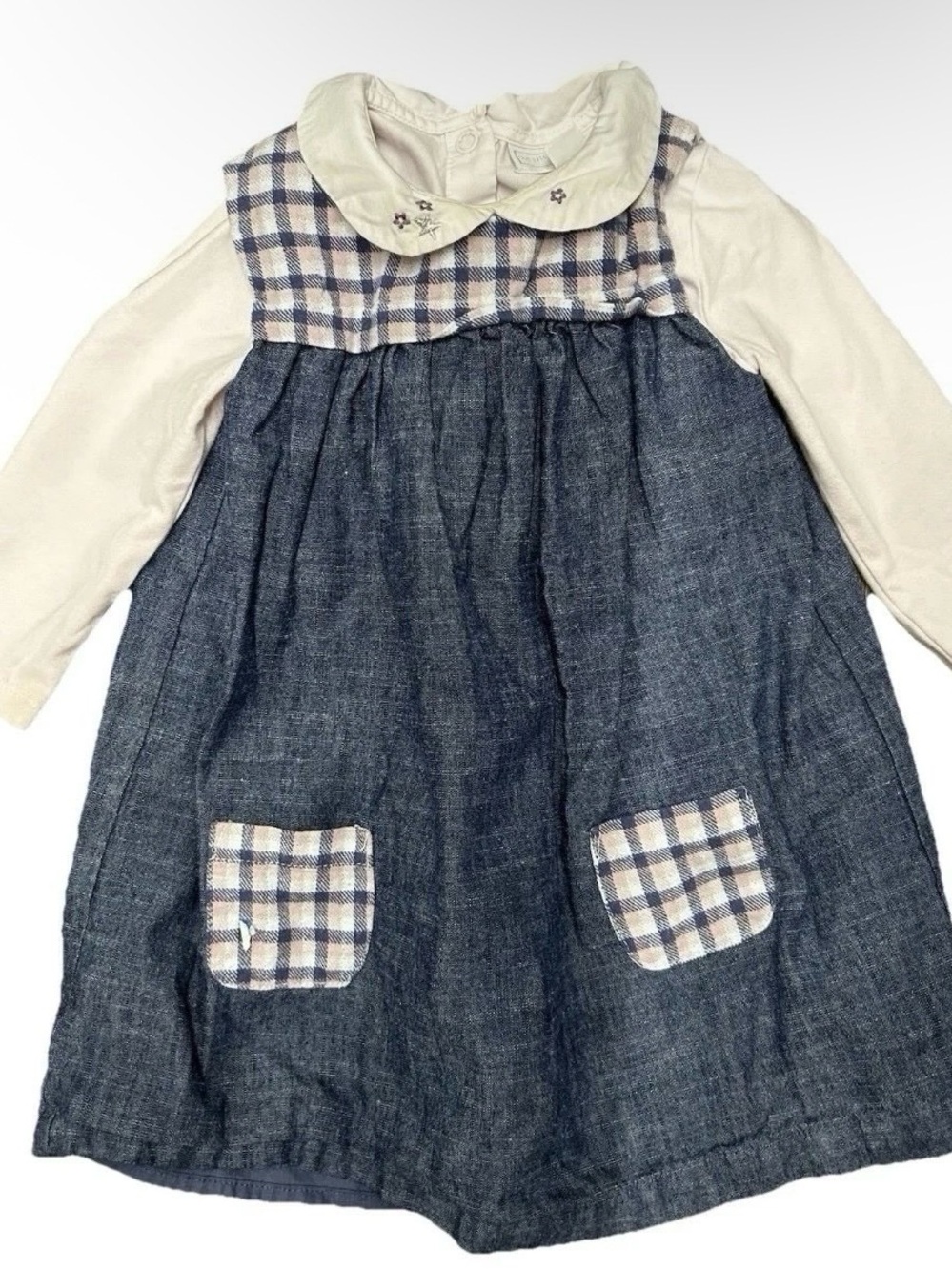 Baby Girl The Little White Company Collared Pink Blue Dress Size 6-9 Months